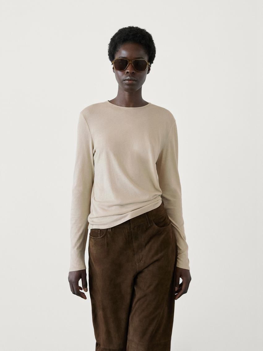Massimo Dutti Long Sleeve Cotton Women T-Shirt Cream | US-GO5418703
