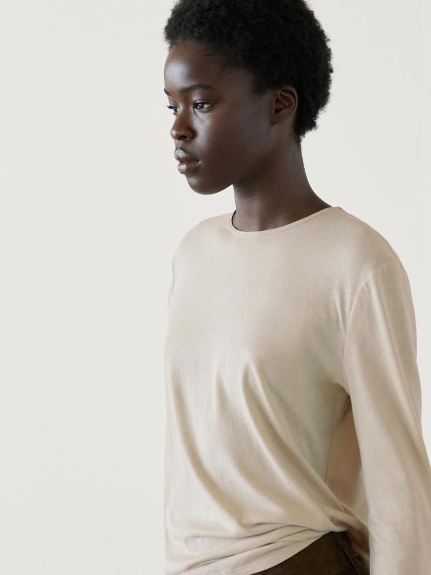 Massimo Dutti Long Sleeve Cotton Women T-Shirt Cream | US-GO5418703