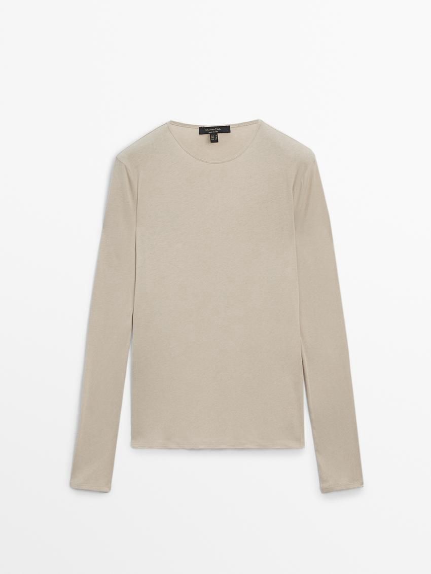 Massimo Dutti Long Sleeve Cotton Women T-Shirt Cream | US-GO5418703