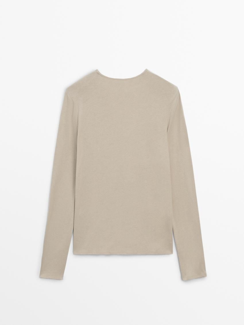 Massimo Dutti Long Sleeve Cotton Women T-Shirt Cream | US-GO5418703