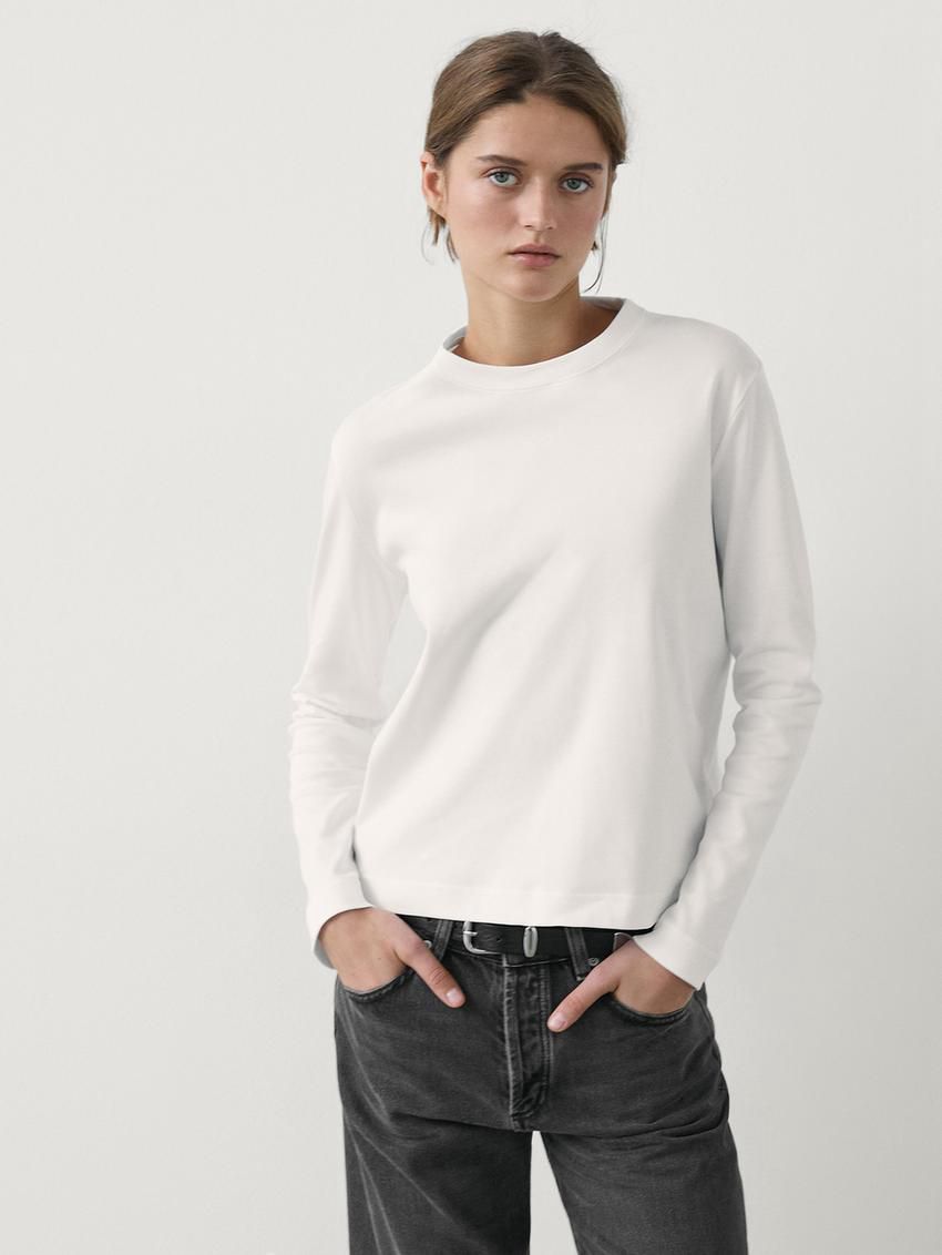 Massimo Dutti Long Sleeve Cotton Women T-Shirt White | US-YO5719823