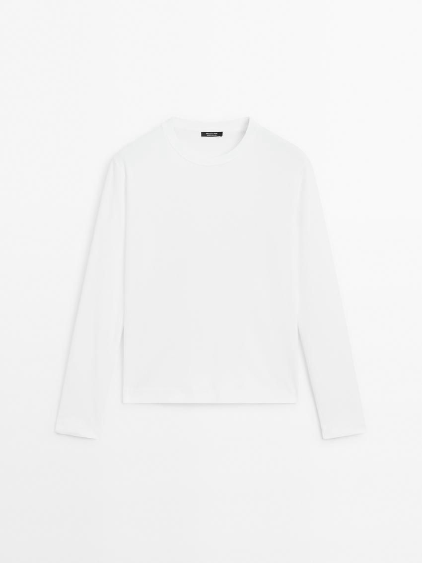 Massimo Dutti Long Sleeve Cotton Women T-Shirt White | US-YO5719823