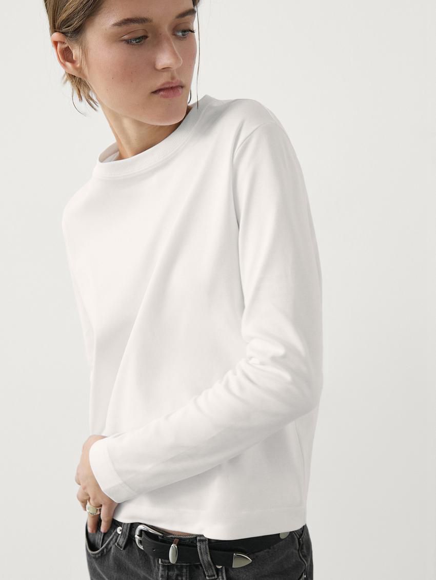 Massimo Dutti Long Sleeve Cotton Women T-Shirt White | US-YO5719823