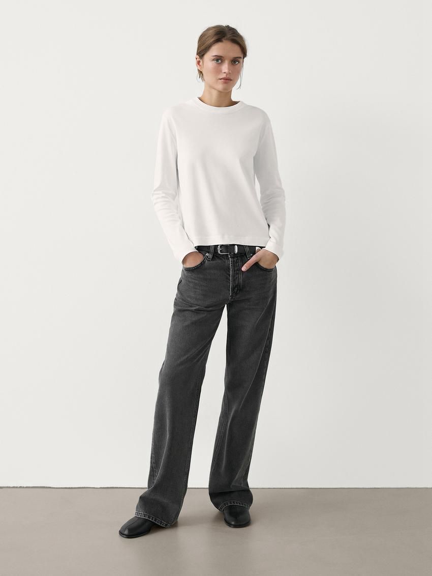 Massimo Dutti Long Sleeve Cotton Women T-Shirt White | US-YO5719823