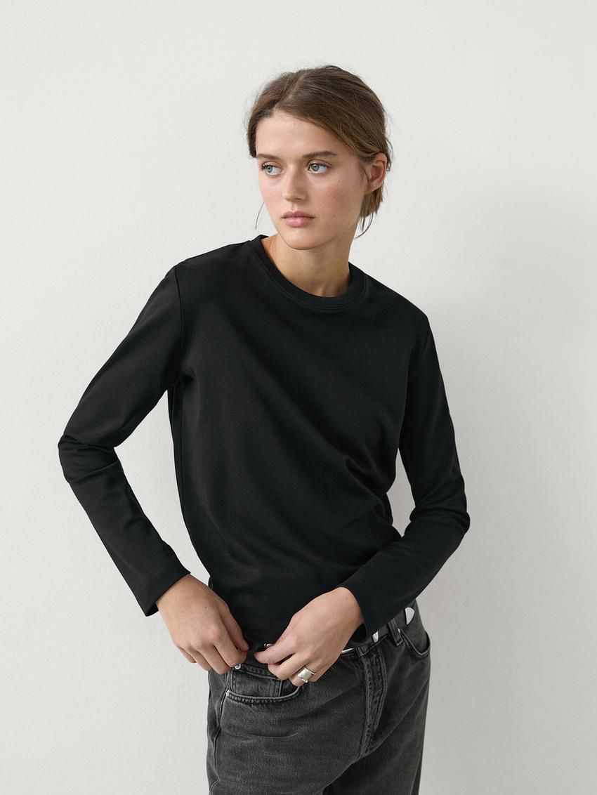 Massimo Dutti Long Sleeve Cotton Women T-Shirt Black | US-EA6157438