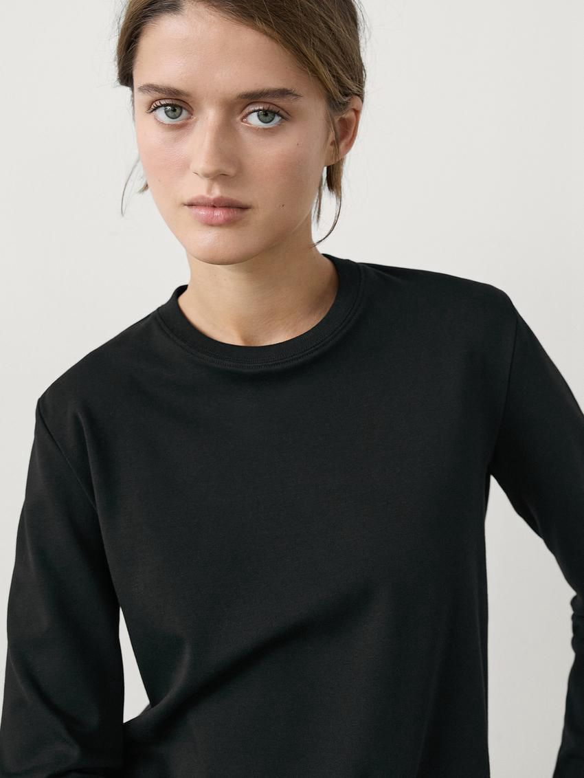Massimo Dutti Long Sleeve Cotton Women T-Shirt Black | US-EA6157438