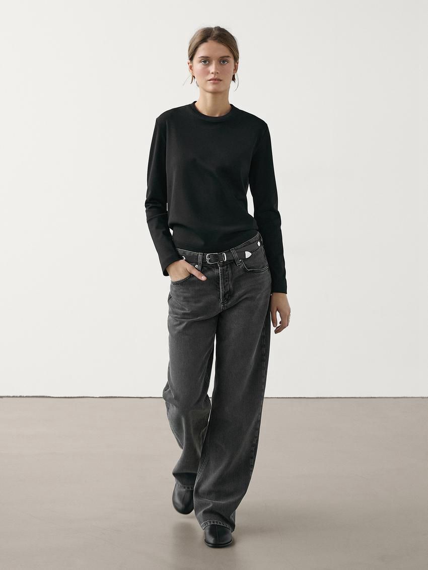 Massimo Dutti Long Sleeve Cotton Women T-Shirt Black | US-EA6157438