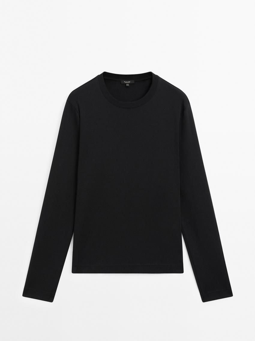 Massimo Dutti Long Sleeve Cotton Women T-Shirt Black | US-EA6157438