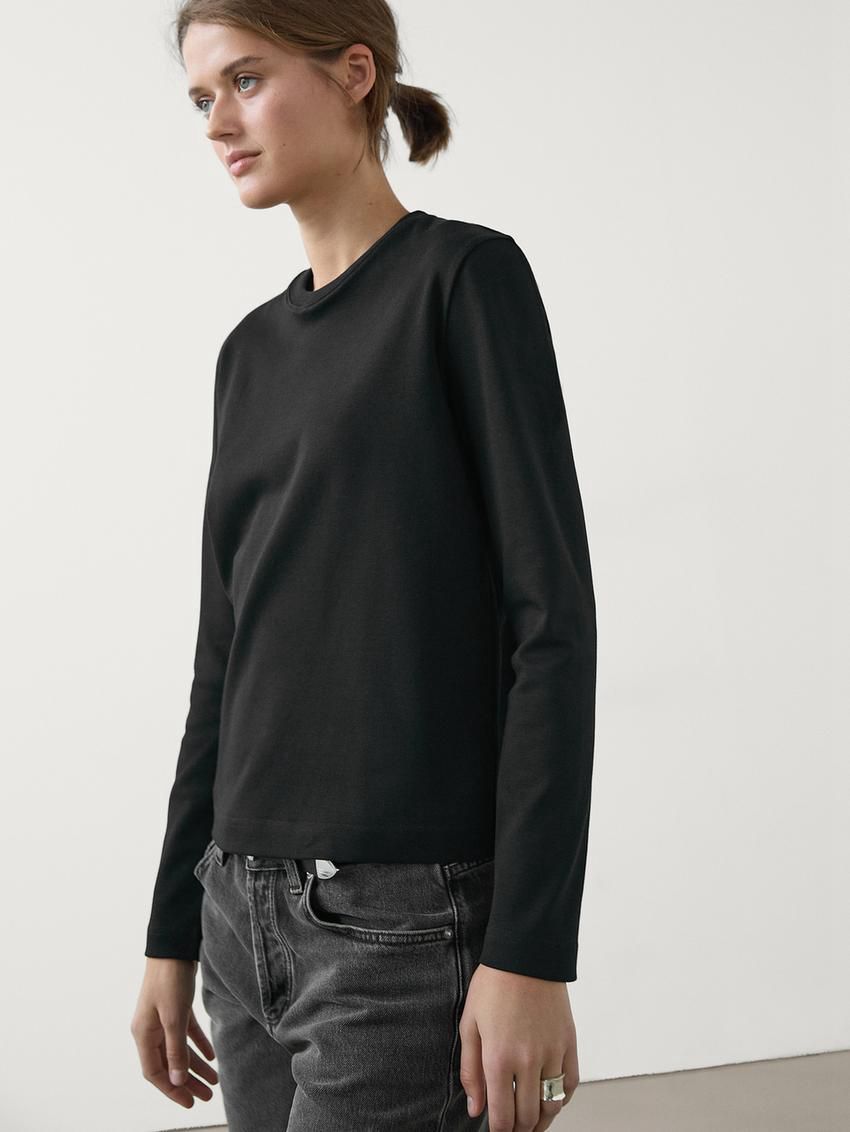 Massimo Dutti Long Sleeve Cotton Women T-Shirt Black | US-EA6157438