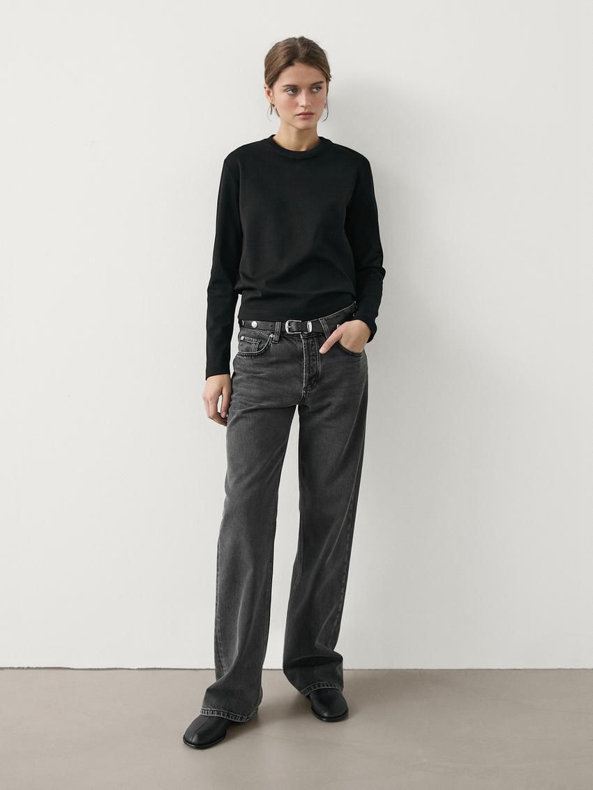 Massimo Dutti Long Sleeve Cotton Women T-Shirt Black | US-EA6157438