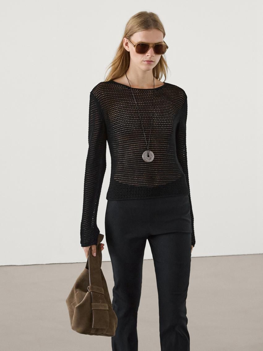 Massimo Dutti Long Sleeve Cutwork Women Sweater Black | US-RF3701968