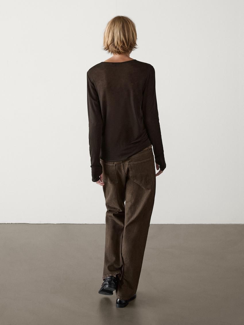 Massimo Dutti Long Sleeve Felt Texture Women T-Shirt Dark Brown | US-IN9406287