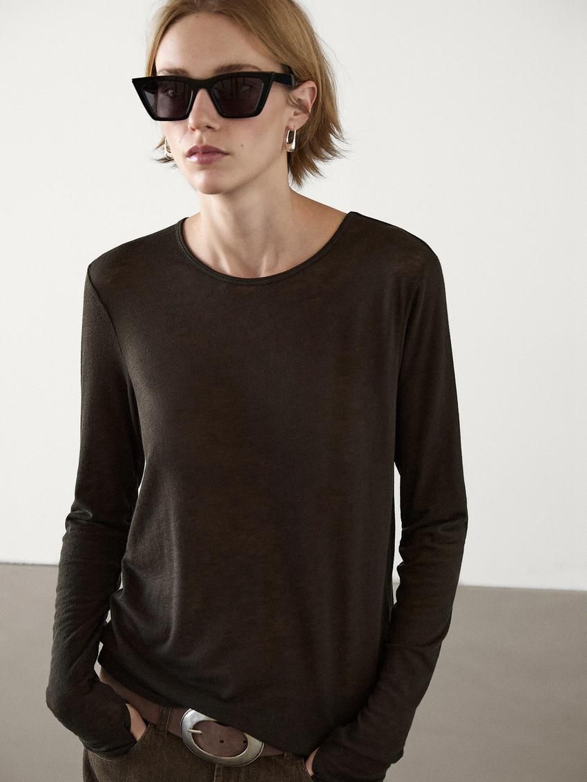 Massimo Dutti Long Sleeve Felt Texture Women T-Shirt Dark Brown | US-IN9406287