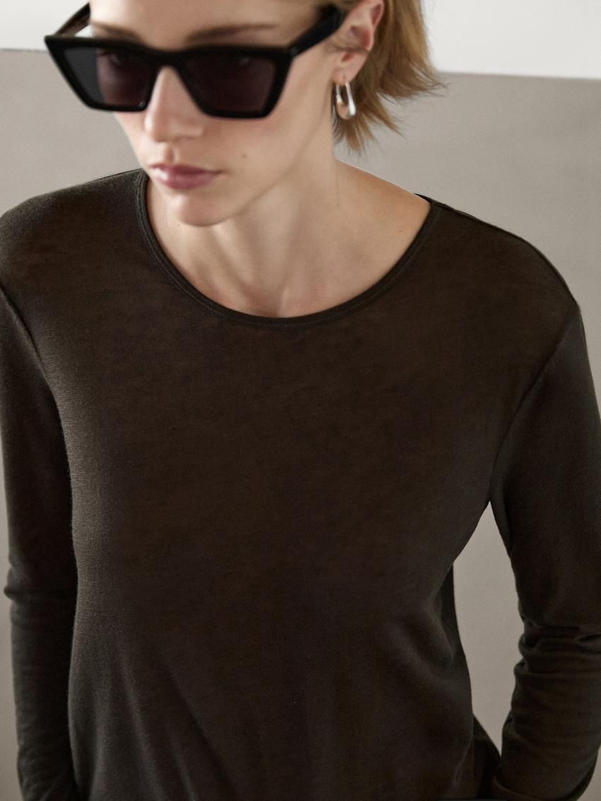 Massimo Dutti Long Sleeve Felt Texture Women T-Shirt Dark Brown | US-IN9406287