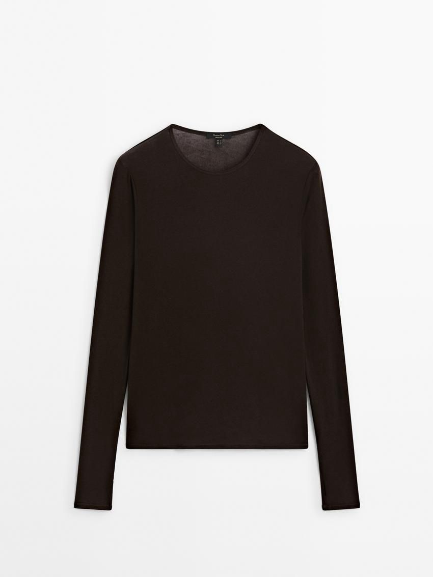Massimo Dutti Long Sleeve Felt Texture Women T-Shirt Dark Brown | US-IN9406287
