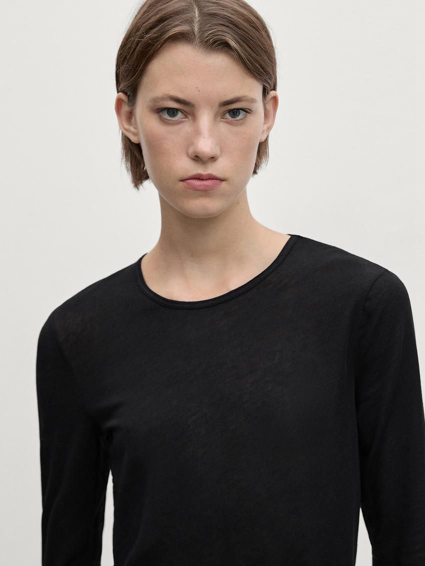 Massimo Dutti Long Sleeve Felt Texture Women T-Shirt Black | US-ZO0927451