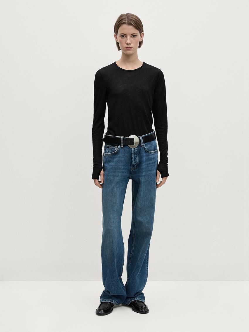 Massimo Dutti Long Sleeve Felt Texture Women T-Shirt Black | US-ZO0927451