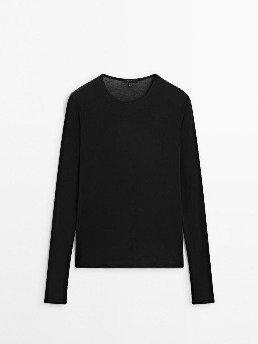 Massimo Dutti Long Sleeve Felt Texture Women T-Shirt Black | US-ZO0927451