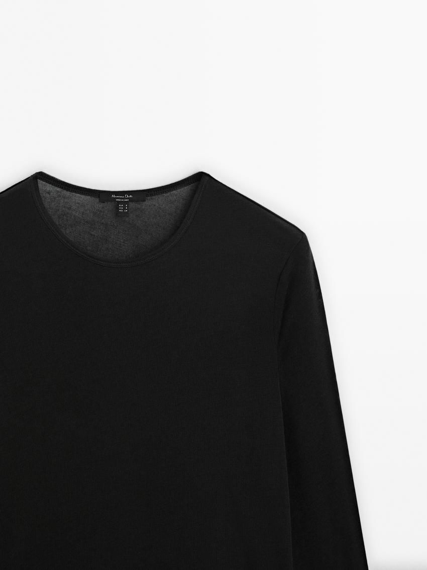 Massimo Dutti Long Sleeve Felt Texture Women T-Shirt Black | US-ZO0927451