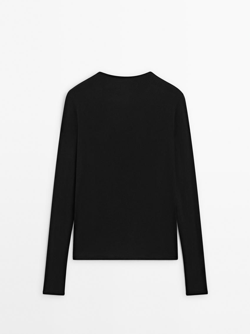 Massimo Dutti Long Sleeve Felt Texture Women T-Shirt Black | US-ZO0927451