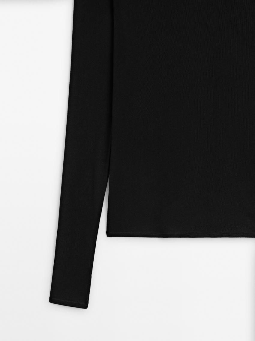 Massimo Dutti Long Sleeve Felt Texture Women T-Shirt Black | US-ZO0927451