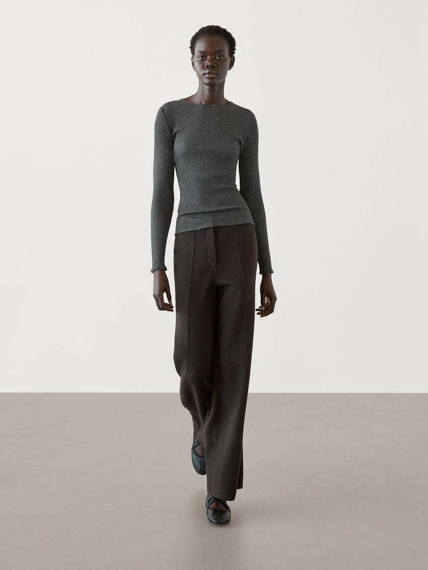 Massimo Dutti Long Sleeve Ribbed Women T-Shirt Dark Grey | US-JO5862490
