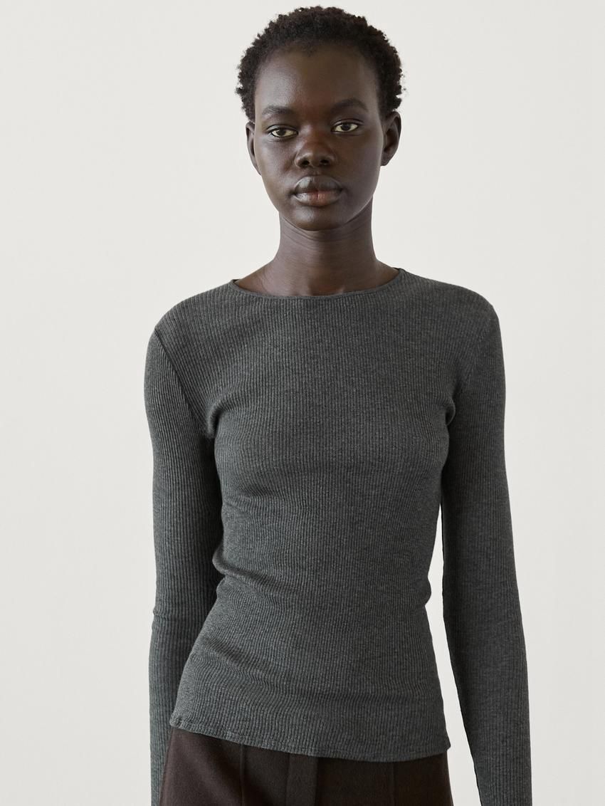 Massimo Dutti Long Sleeve Ribbed Women T-Shirt Dark Grey | US-JO5862490