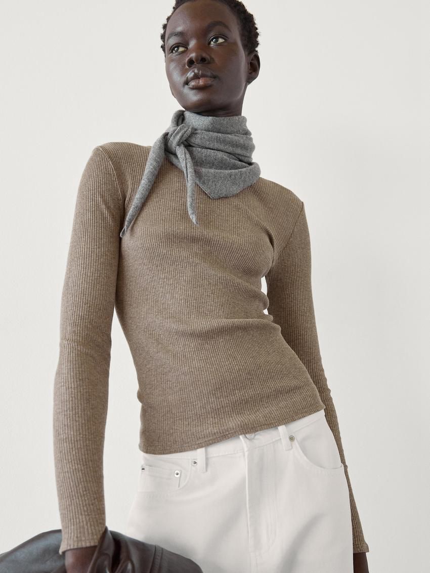 Massimo Dutti Long Sleeve Ribbed Women T-Shirt Brown Beige | US-NQ2603784