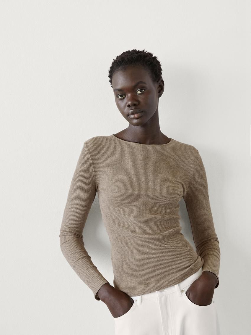 Massimo Dutti Long Sleeve Ribbed Women T-Shirt Brown Beige | US-NQ2603784