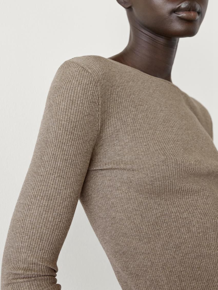 Massimo Dutti Long Sleeve Ribbed Women T-Shirt Brown Beige | US-NQ2603784
