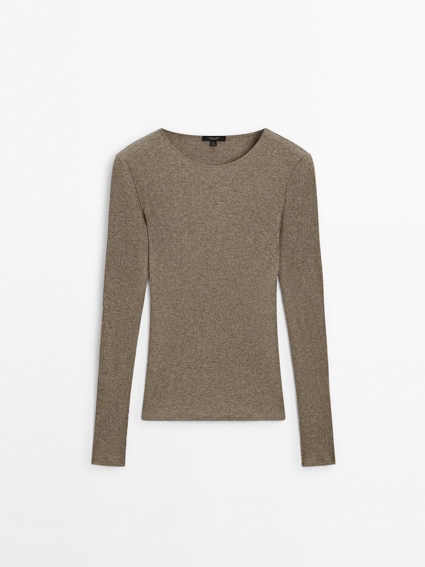 Massimo Dutti Long Sleeve Ribbed Women T-Shirt Brown Beige | US-NQ2603784