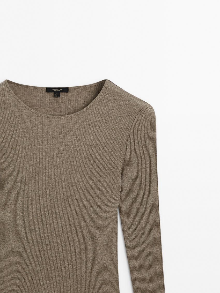 Massimo Dutti Long Sleeve Ribbed Women T-Shirt Brown Beige | US-NQ2603784
