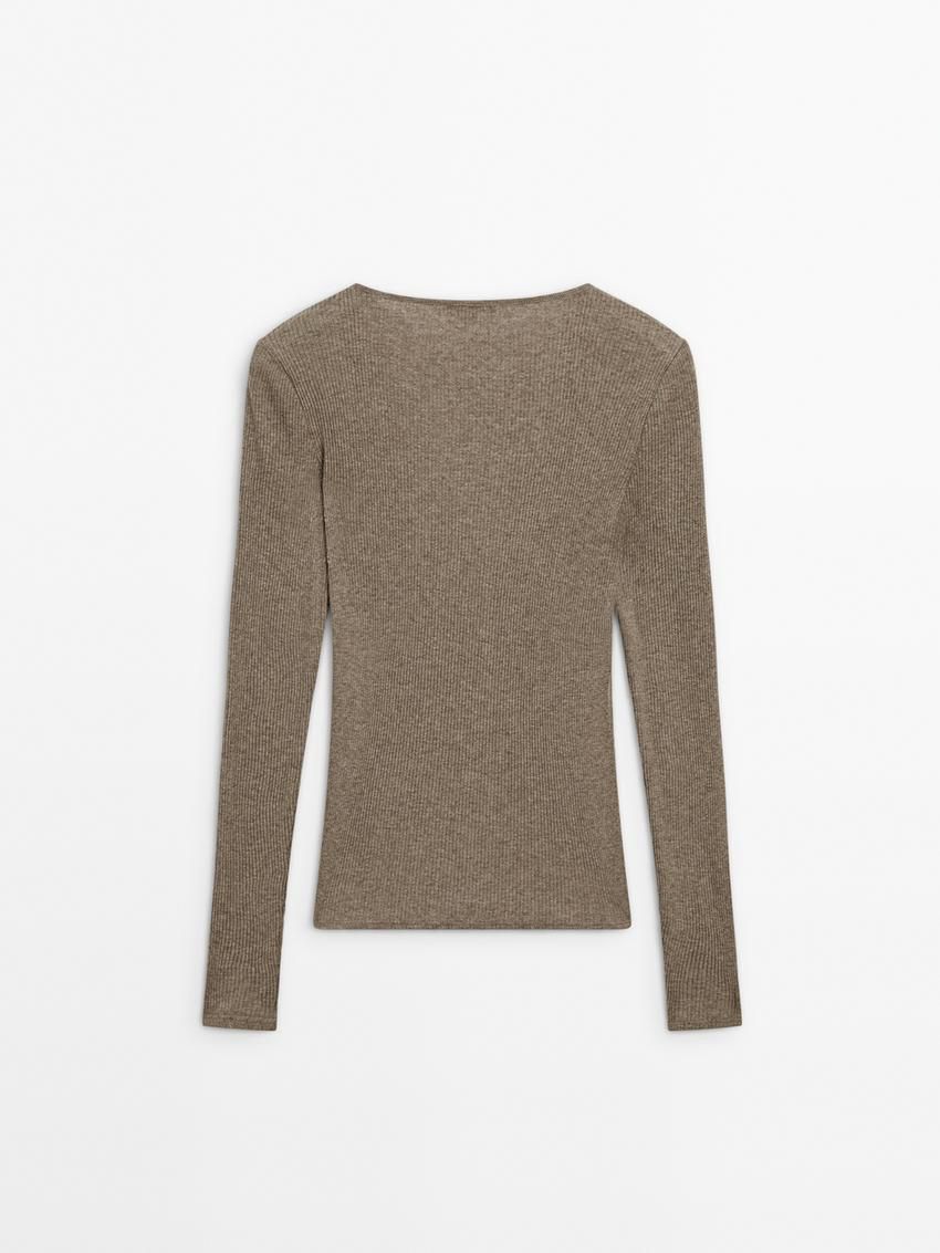 Massimo Dutti Long Sleeve Ribbed Women T-Shirt Brown Beige | US-NQ2603784
