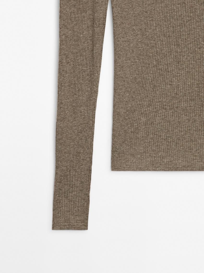 Massimo Dutti Long Sleeve Ribbed Women T-Shirt Brown Beige | US-NQ2603784