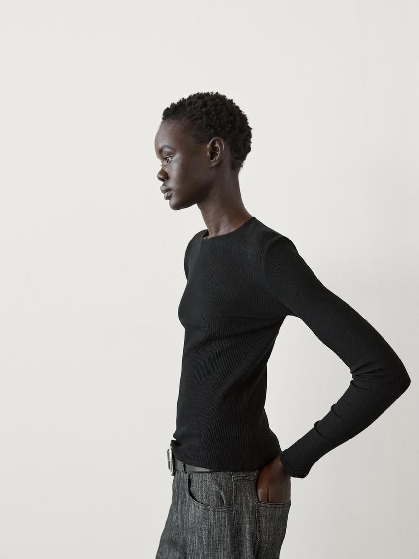 Massimo Dutti Long Sleeve Ribbed Women T-Shirt Black | US-UW8243906