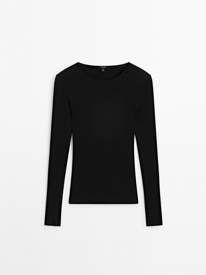 Massimo Dutti Long Sleeve Ribbed Women T-Shirt Black | US-UW8243906