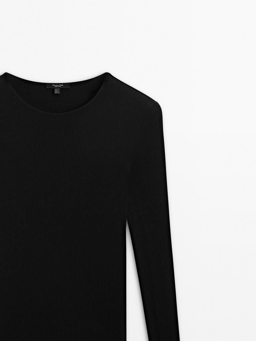 Massimo Dutti Long Sleeve Ribbed Women T-Shirt Black | US-UW8243906