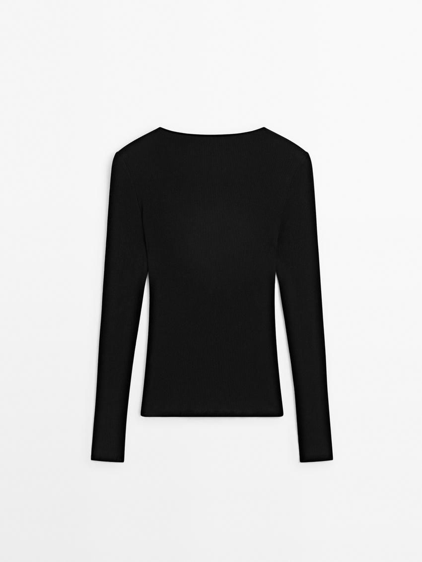 Massimo Dutti Long Sleeve Ribbed Women T-Shirt Black | US-UW8243906