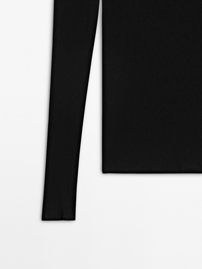 Massimo Dutti Long Sleeve Ribbed Women T-Shirt Black | US-UW8243906