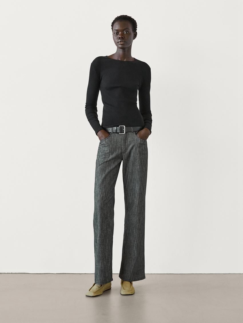 Massimo Dutti Long Sleeve Ribbed Women T-Shirt Black | US-UW8243906