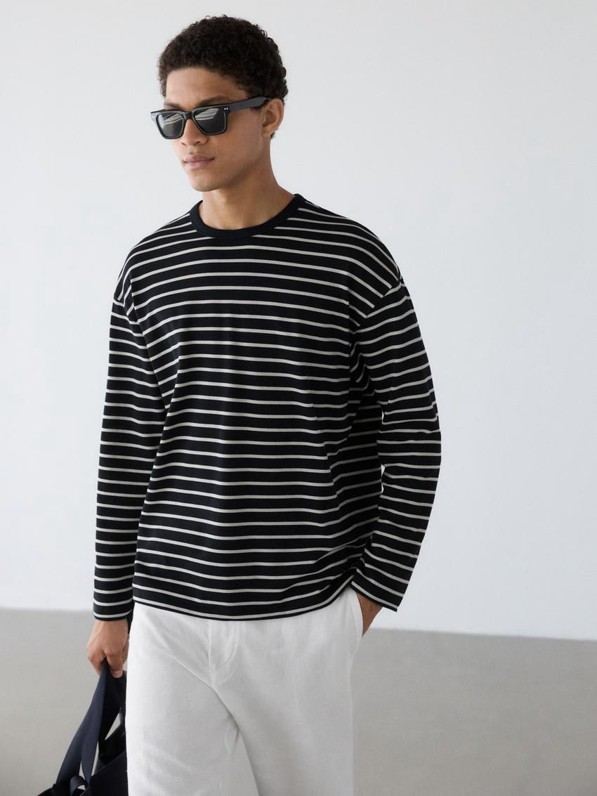 Massimo Dutti Long Sleeve Striped Cotton Men T-Shirt Navy / White | US-EA3784625