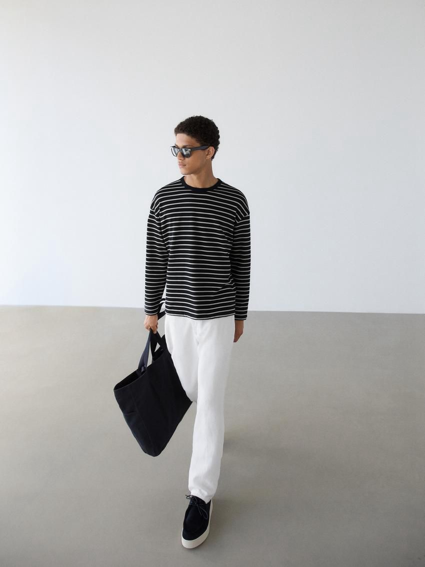 Massimo Dutti Long Sleeve Striped Cotton Men T-Shirt Navy / White | US-EA3784625