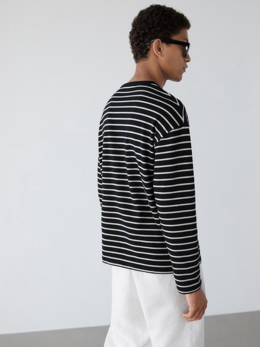 Massimo Dutti Long Sleeve Striped Cotton Men T-Shirt Navy / White | US-EA3784625