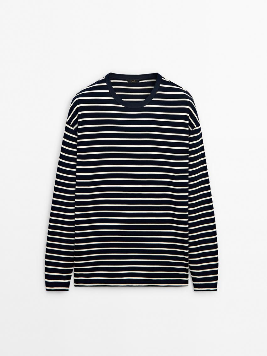 Massimo Dutti Long Sleeve Striped Cotton Men T-Shirt Navy / White | US-EA3784625
