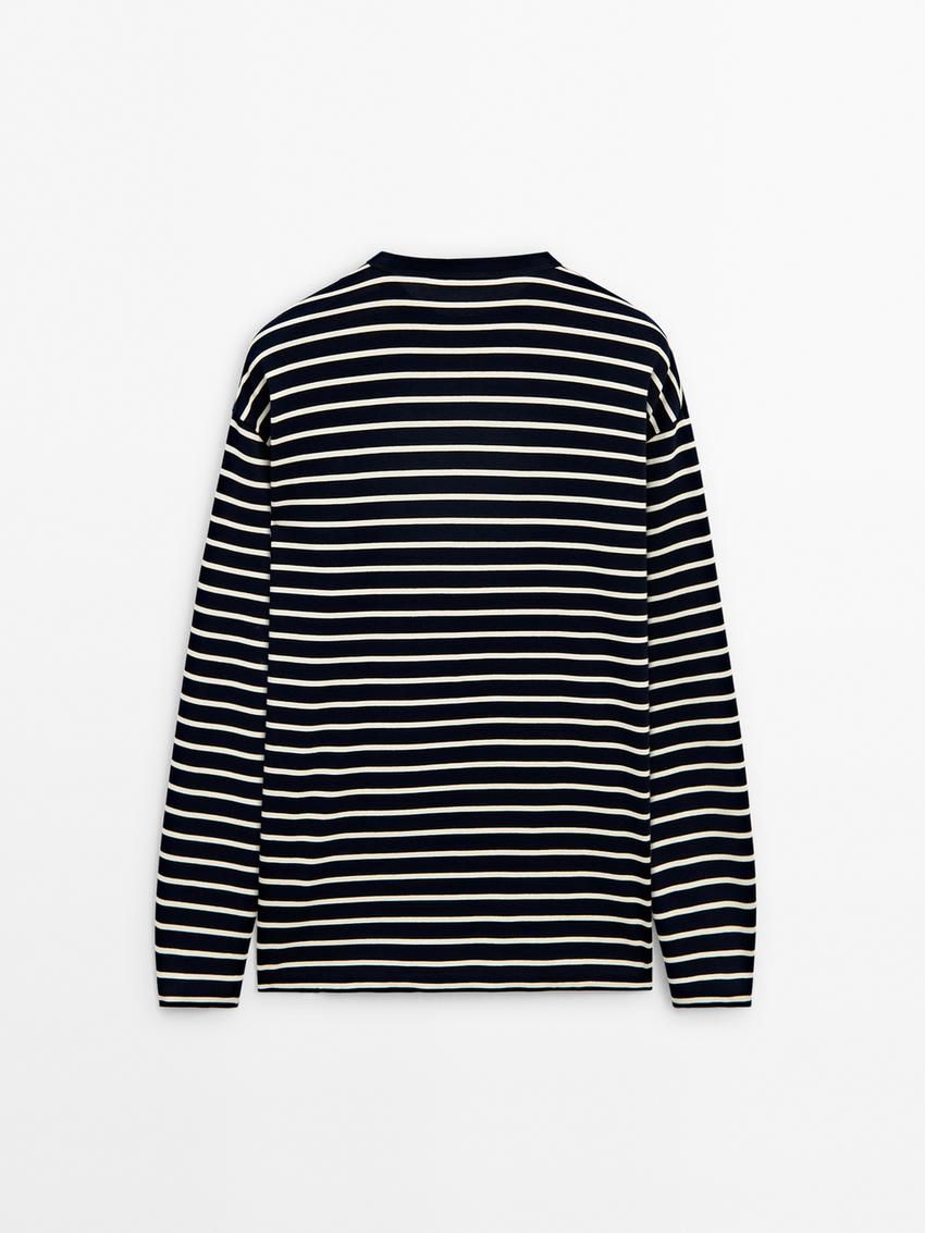Massimo Dutti Long Sleeve Striped Cotton Men T-Shirt Navy / White | US-EA3784625