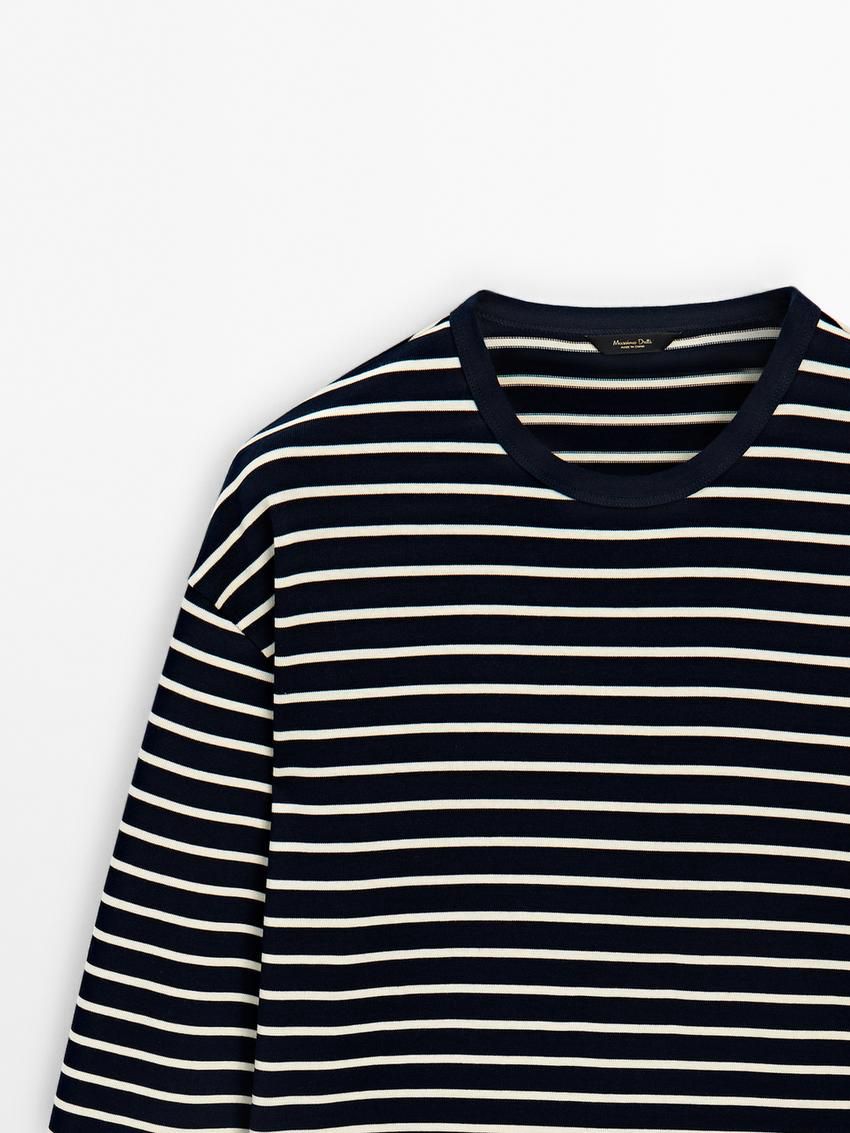 Massimo Dutti Long Sleeve Striped Cotton Men T-Shirt Navy / White | US-EA3784625