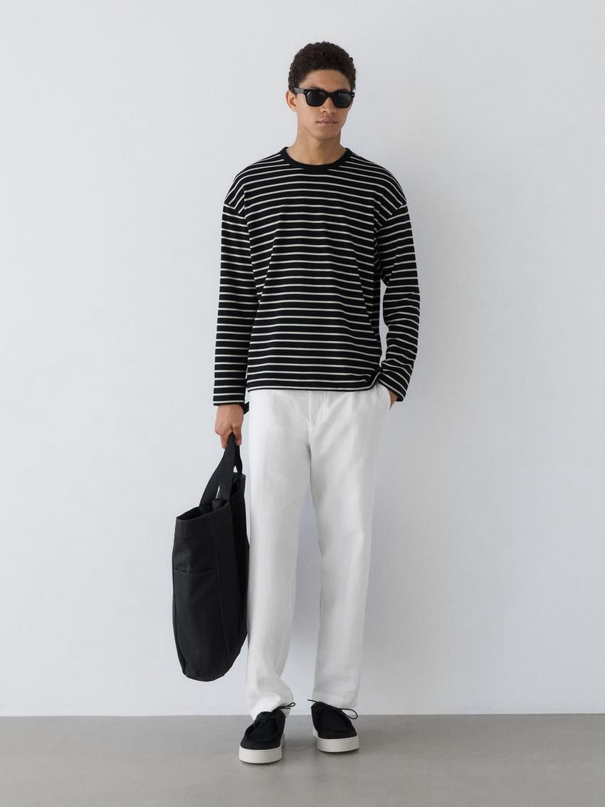 Massimo Dutti Long Sleeve Striped Cotton Men T-Shirt Navy / White | US-EA3784625