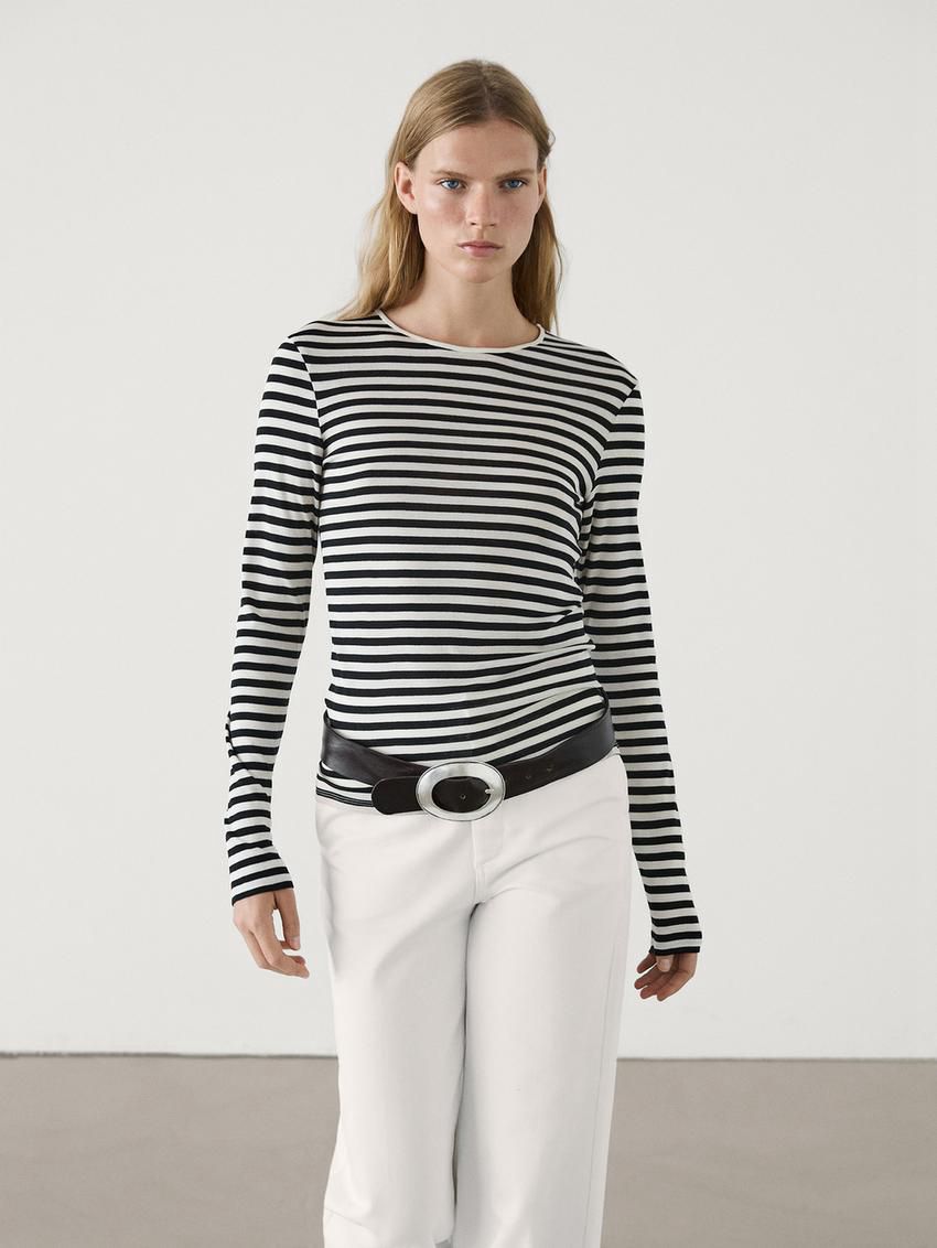 Massimo Dutti Long Sleeve Striped Cotton Women T-Shirt White / Black | US-WV0328659