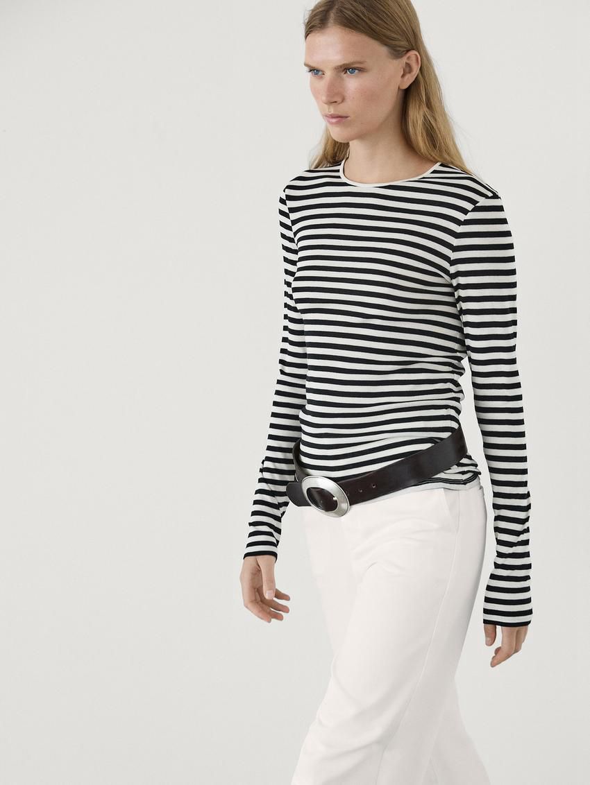 Massimo Dutti Long Sleeve Striped Cotton Women T-Shirt White / Black | US-WV0328659