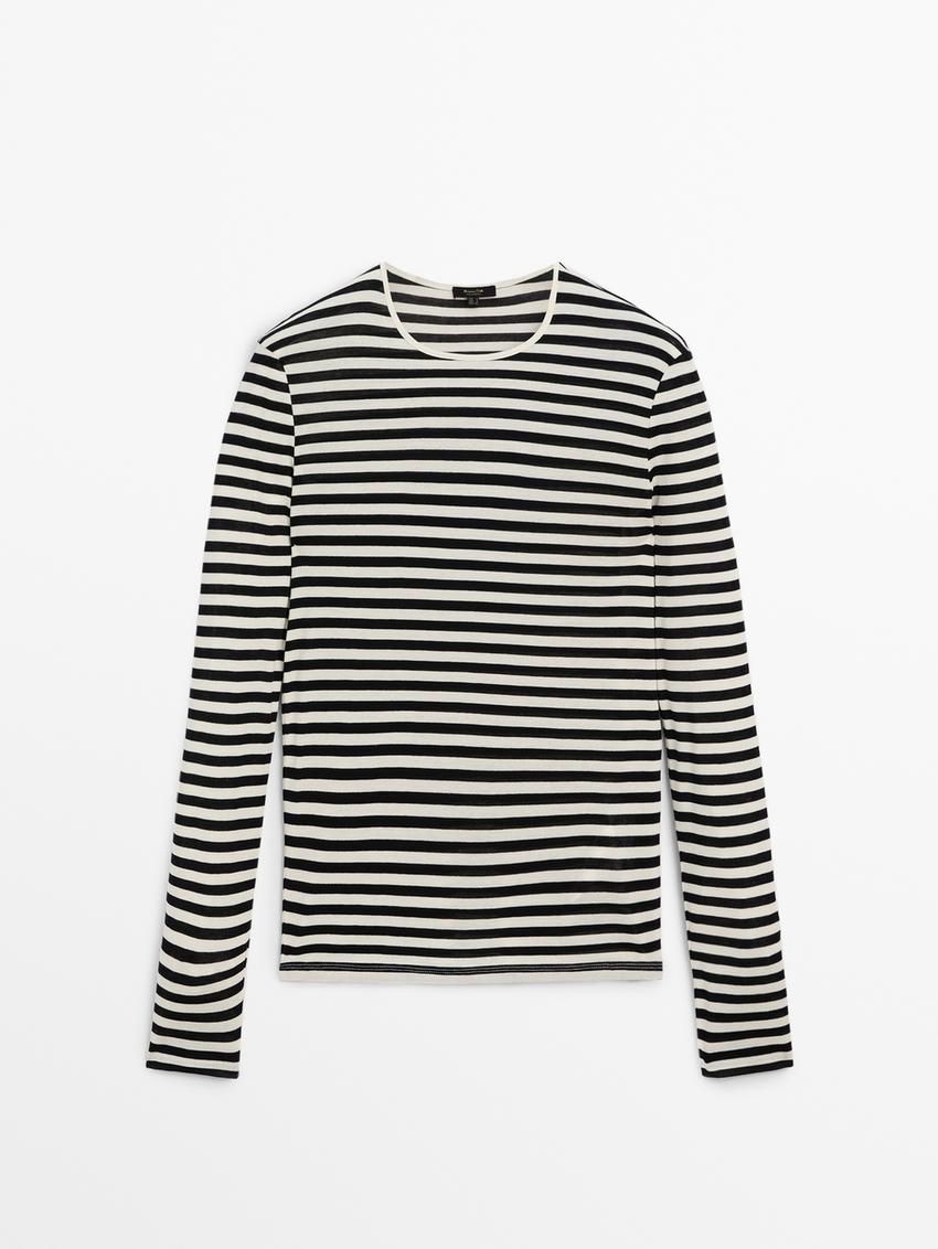 Massimo Dutti Long Sleeve Striped Cotton Women T-Shirt White / Black | US-WV0328659